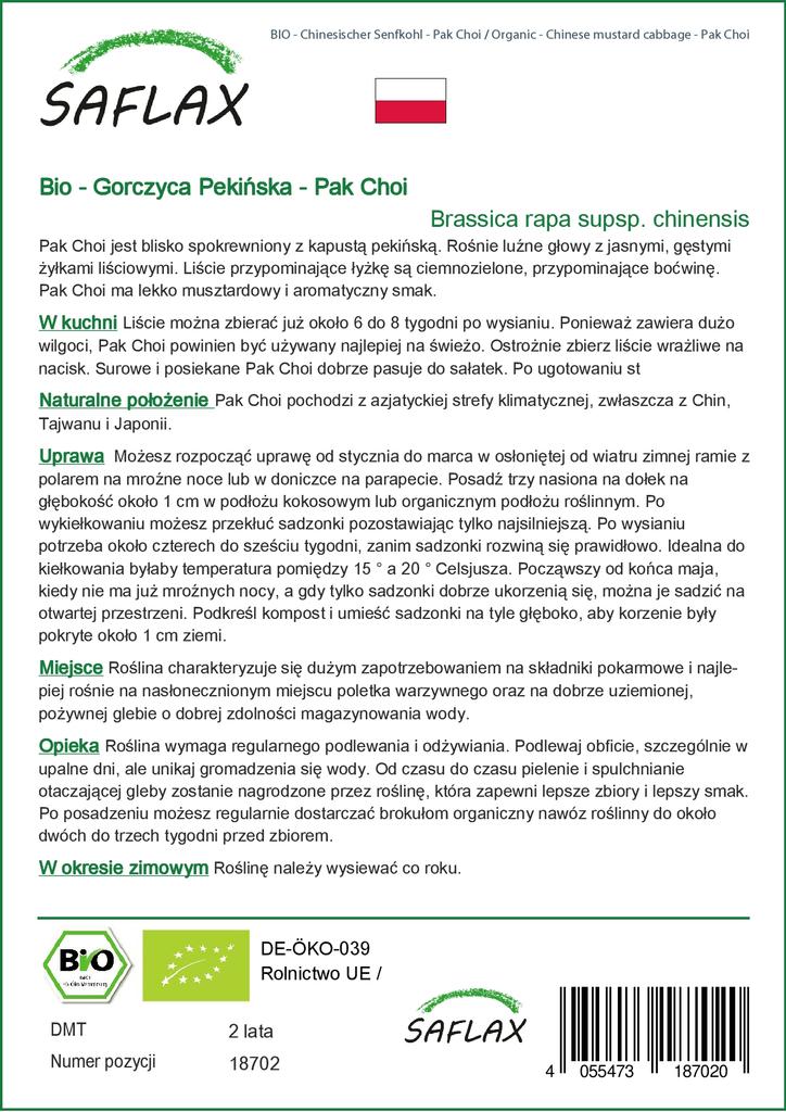 SAFLAX Garden in the Bag - Органическая - Китайская горчичная капуста - Пак Чой - 300 семян - С субстратом в подходящем стоячем пакете - Brassica rapa