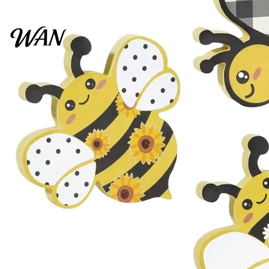 Daisy Print Decoration 3 Pcs Wooden Bee Table Sign Spring Honey Tabletop Block Farmhouse Centerpiece for Tiered Tray Home Mantel Shelf Desk