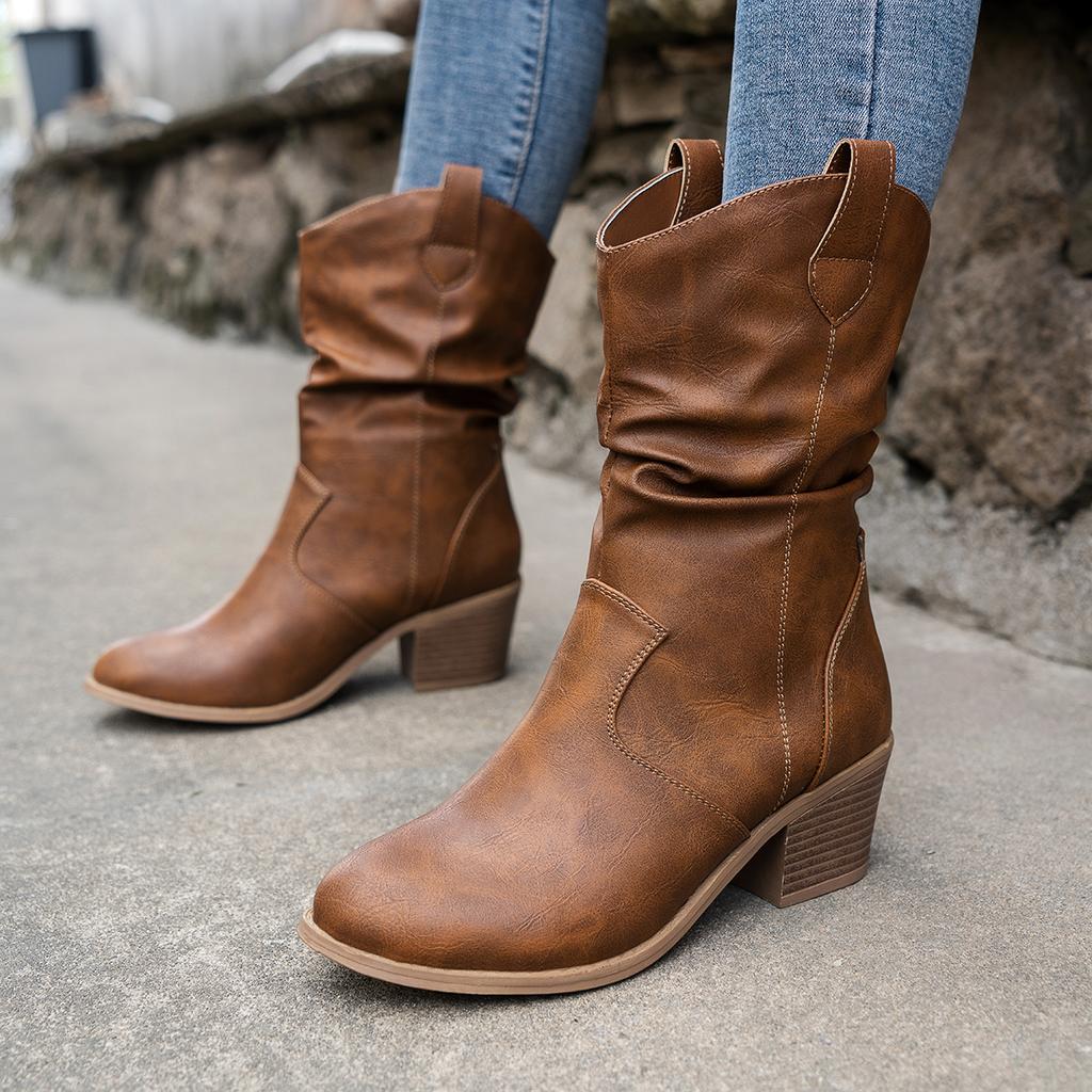 Women Western Boots Autumn Winter Pleated Cowboy Boots Women Plus Size Fashion Comfortable Shoes for Women Outdoor Casual Boots