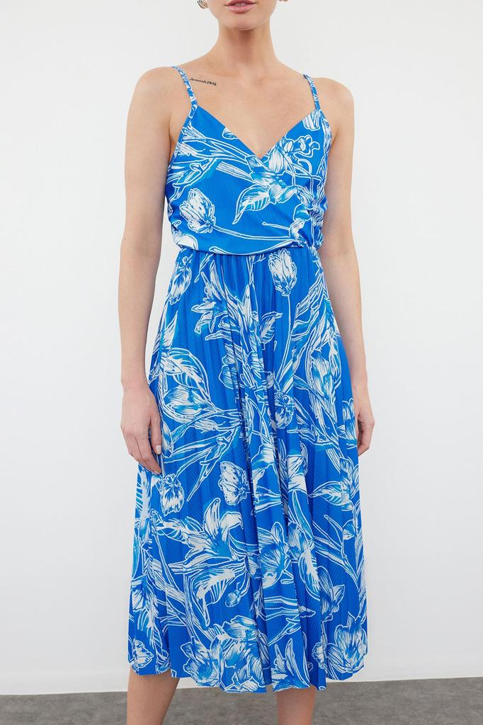 Женское стильное платье Темно-синее с рисунком Конькобежец-миди Двубортное плиссированное трикотажное платье на бретельках