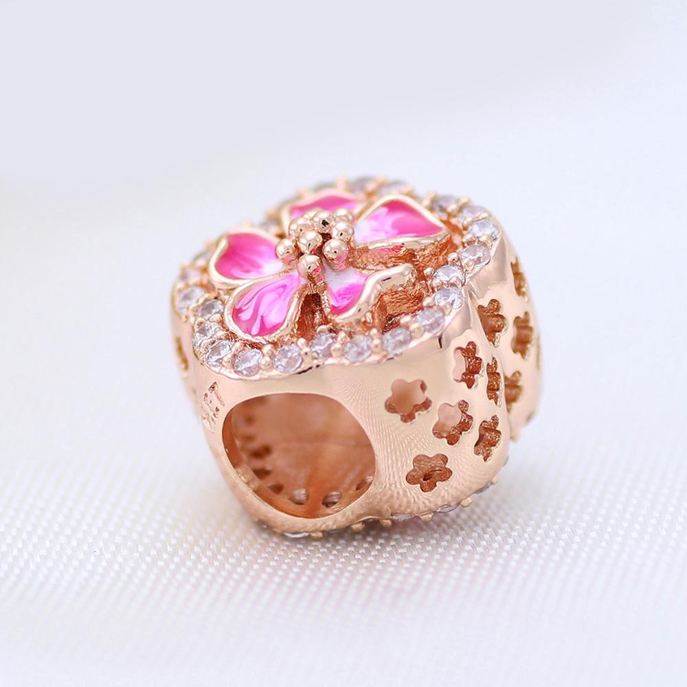 S925 серебристый, фиолетовый и зеленый лист, розовый сверкающий цветок персика, подвеска, подходит для оригинального браслета «сделай сам», подарок для женщин