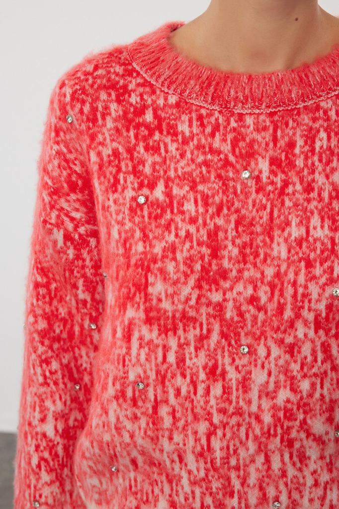 Женский свитер в элегантном стиле, красный вязаный свитер с мягкой текстурой и рисунком