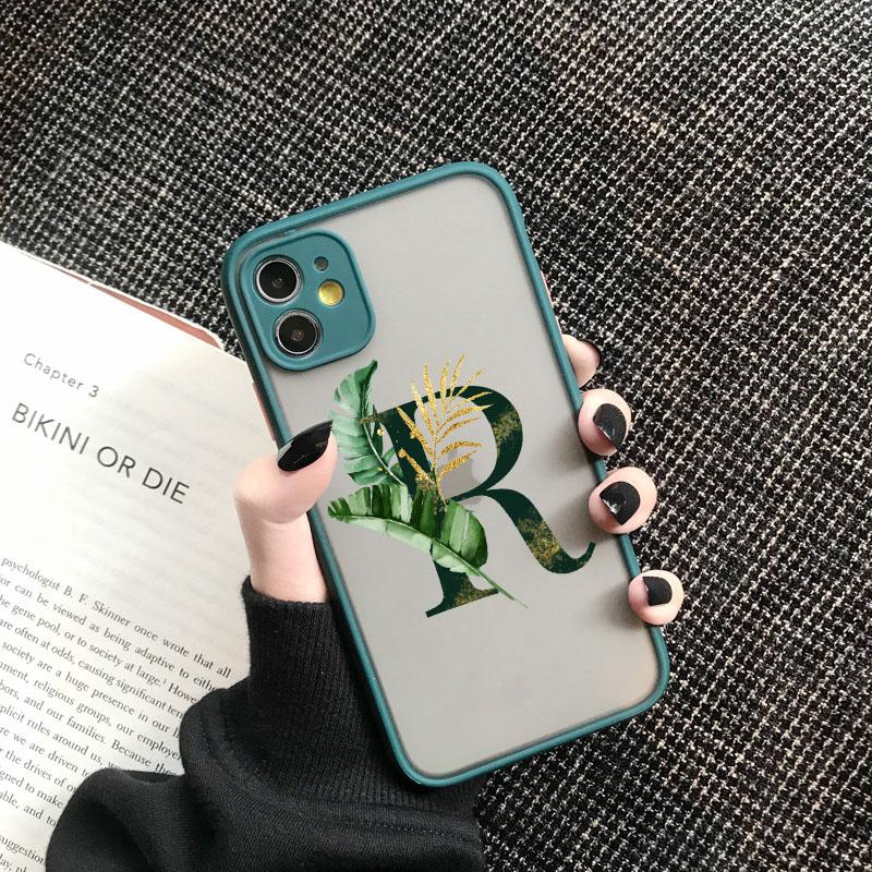 Чехол для телефона с начальной буквой от A до Z Для iPhone 12 13 Mini 11 Pro Max Листья Алфавит Зеленая задняя крышка Для iphone 11 14 promax Чехлы
