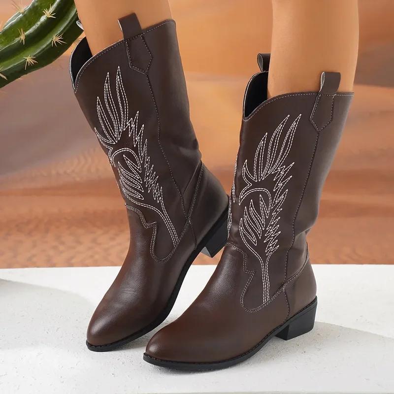 Women Fashion Slip On Knight Boots Ladies Autumn Winter Thick Sole Knight Shoes Pointed Toe Square Heel Embroidered Cowboy Boots