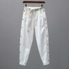Spring and Summer Women's Harem Pants Thin Stretch Waist Slacks Corseted Turnip Pants Cotton High-waisted Ankle Pants with Belt