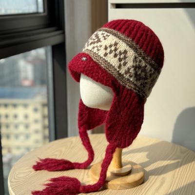 Корейская версия вязаной шапки-ушанки в стиле Fair Isle для женщин, универсальные завязки, теплая, с характером, ретро, вязаная шерстяная шапка, трендовая