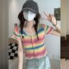 Rainbow Striped Shoulder Square Neck Short Sleeved Knitted Shirt for Women In Summer Slim and Short Top for Summer