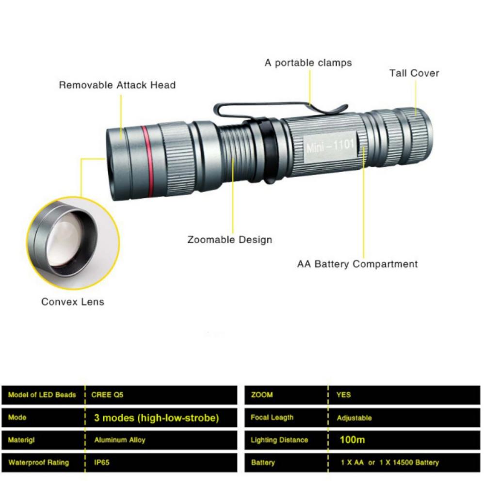 LED Mini Torch Flashlight Q5 Portable Flashlights Adjustable Zoom 3 Modes Waterproof For Outdoor Camping Adventure Lights