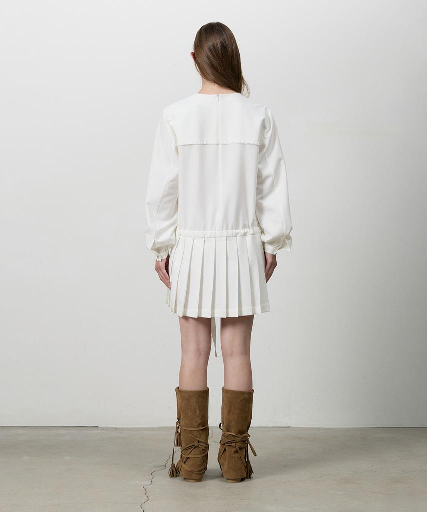 Three To Eighty Pleats Ribbon Dress White