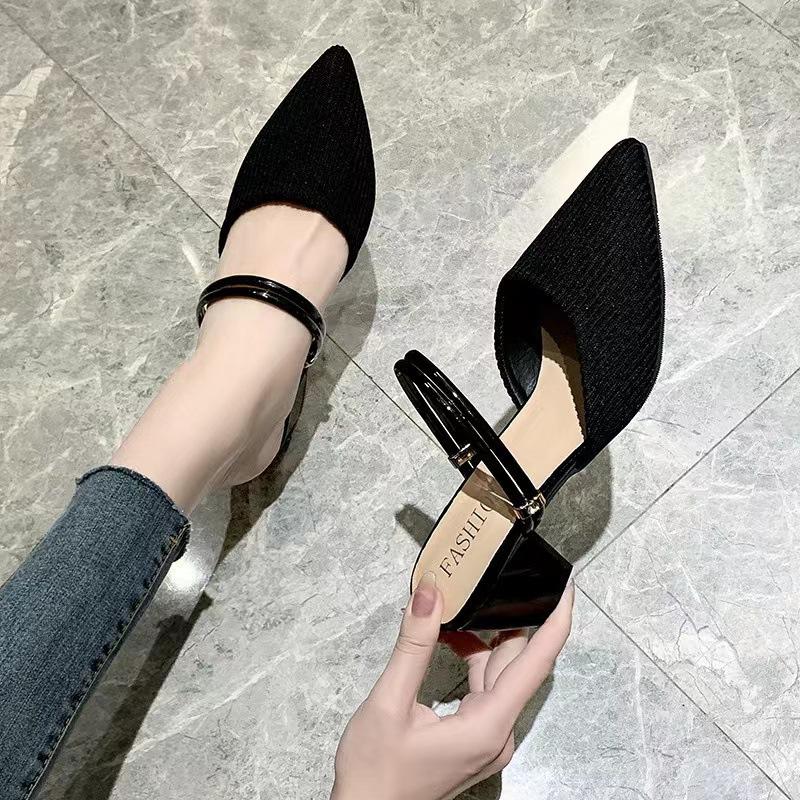 Pointed Head Bag Head Medium Heel Thick Heel Cool Slippers Half Drag Sandals Women's Summer 2025 New Cloth Outer Wear