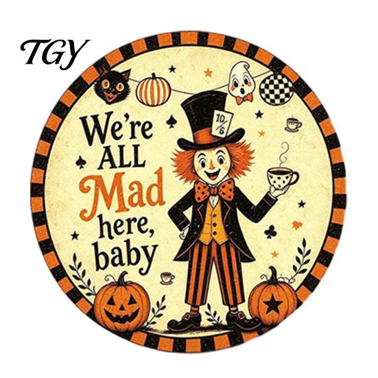 Wall Mounted Metal Decor Retro Halloween Sign, Round Decorative Vintage Illustration Sign Rustic Art for Living Room Party Decoration Festive