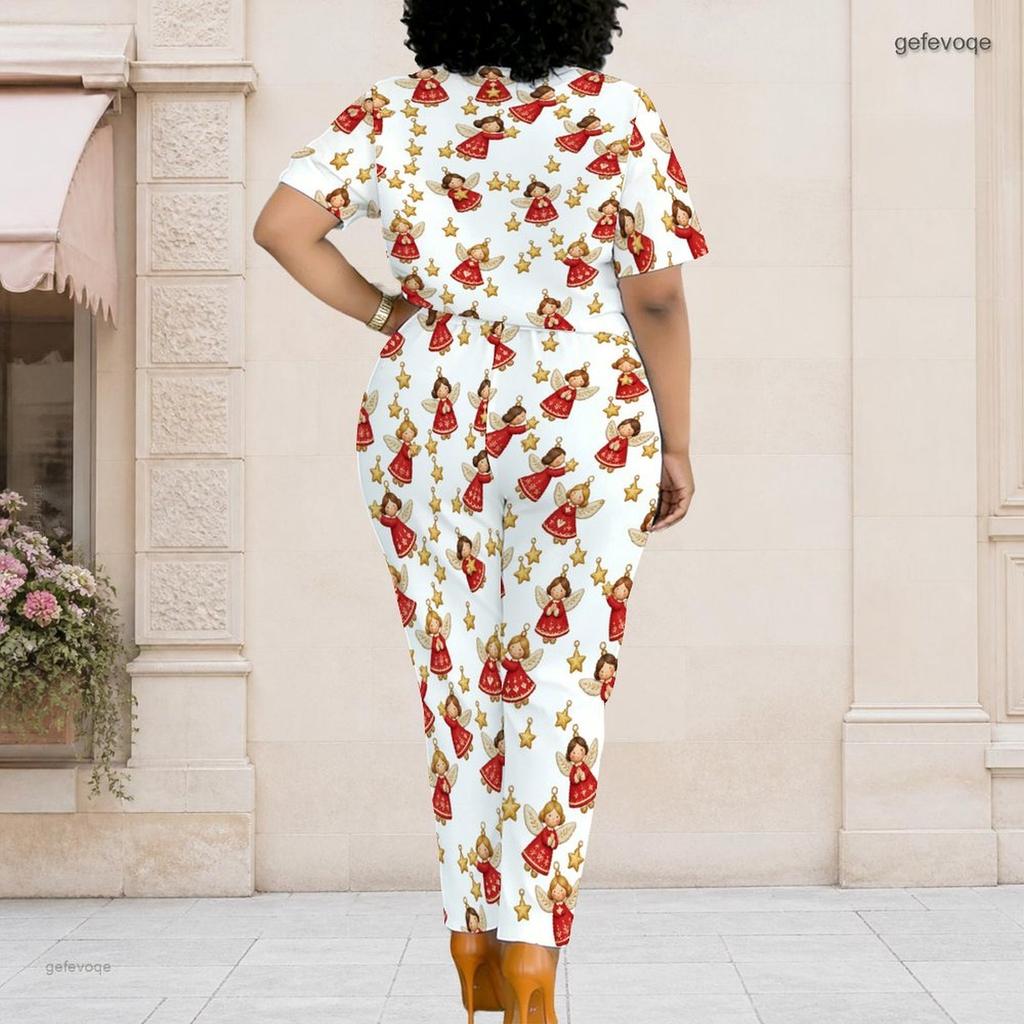 Women Plus Size White Christmas Printed Two Piece Pants Set Short Sleeve Top With Pockets