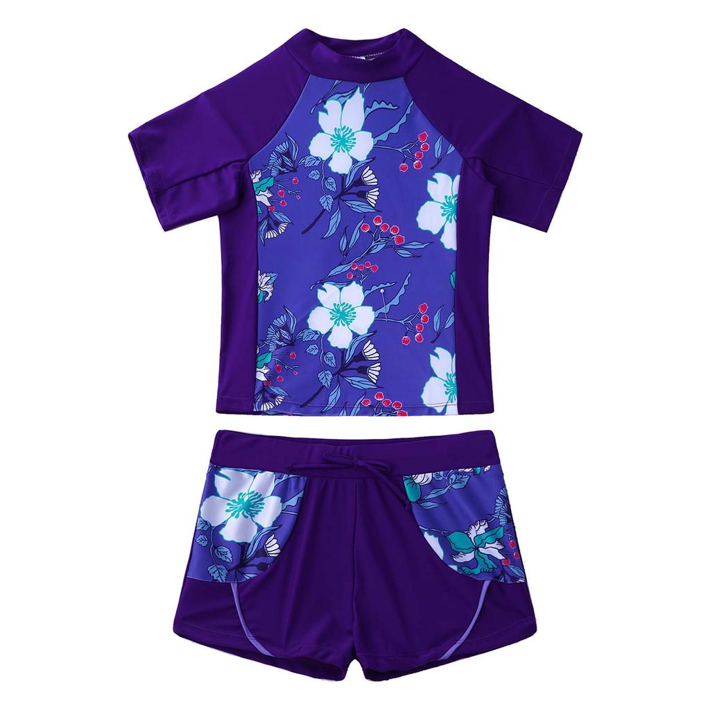 Girls 2 Piece Floral Print Swim Set Round Neck Short Sleeve Top Elastic Waist Boyshorts Beach Bathing Suit Swimsuit