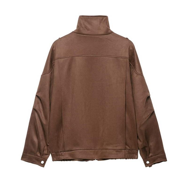 Womens Oversized Faux Suede Zip-Up Jacket Loose Fit Vintage British Style Fall 2025