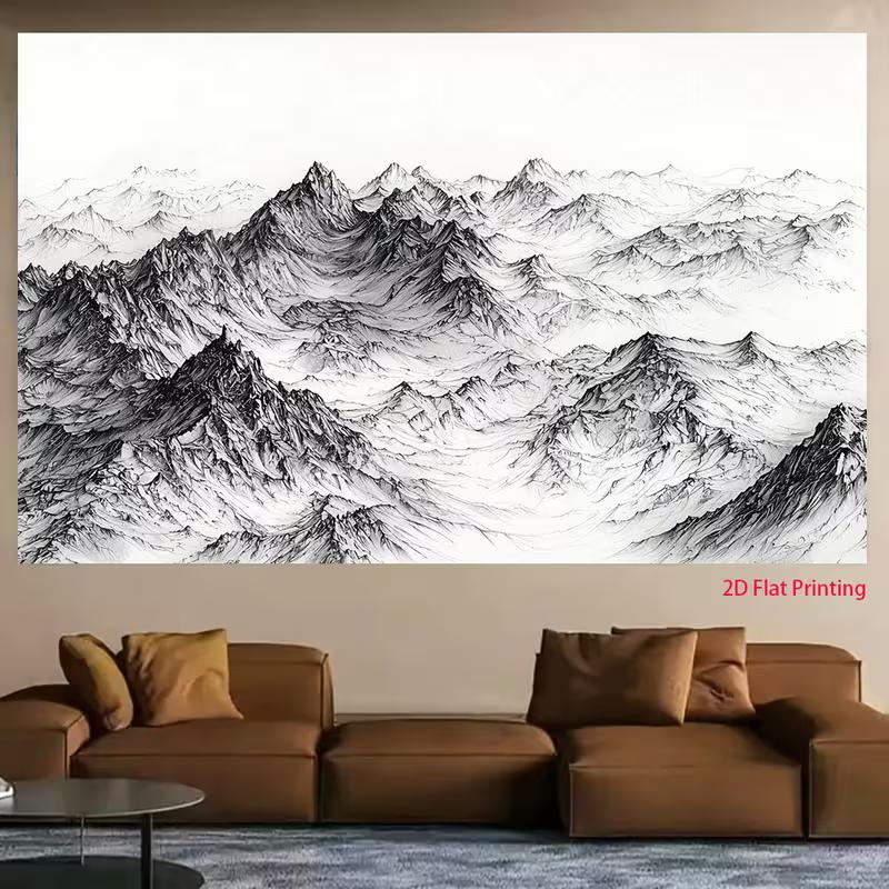 2D Monochrome Mountain Backdrop for Office, Ink Drawing Style Black and White Landscape