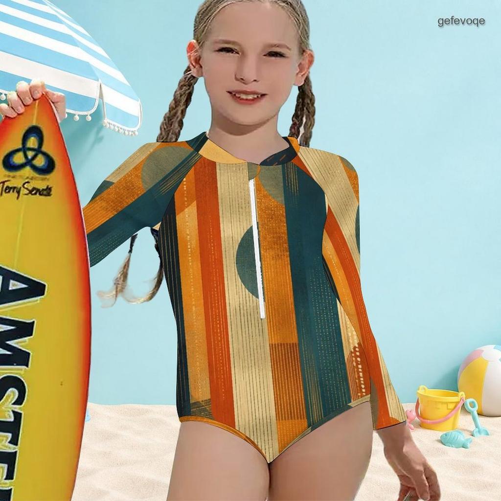 Girls High Neck Long Sleeve Front Zip Printed One Piece Swimsuit Pink Blue Gray White