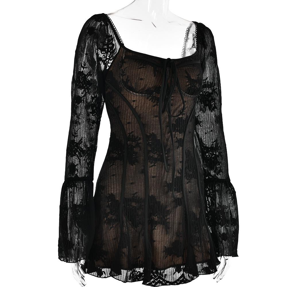 Европейское и американское кружевное платье без бретелек с рукавами-трубами: Французская повседневная короткая юбка без спинки, облегающая бедра