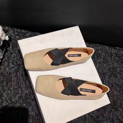 Мода Новые Весенне-Осенние Женские Балетки Квадратный Носок Плоская Обувь для Женщин Уличные Нарядные Туфли Мелкие Туфли Слипоны Модные Лоферы на Резинке