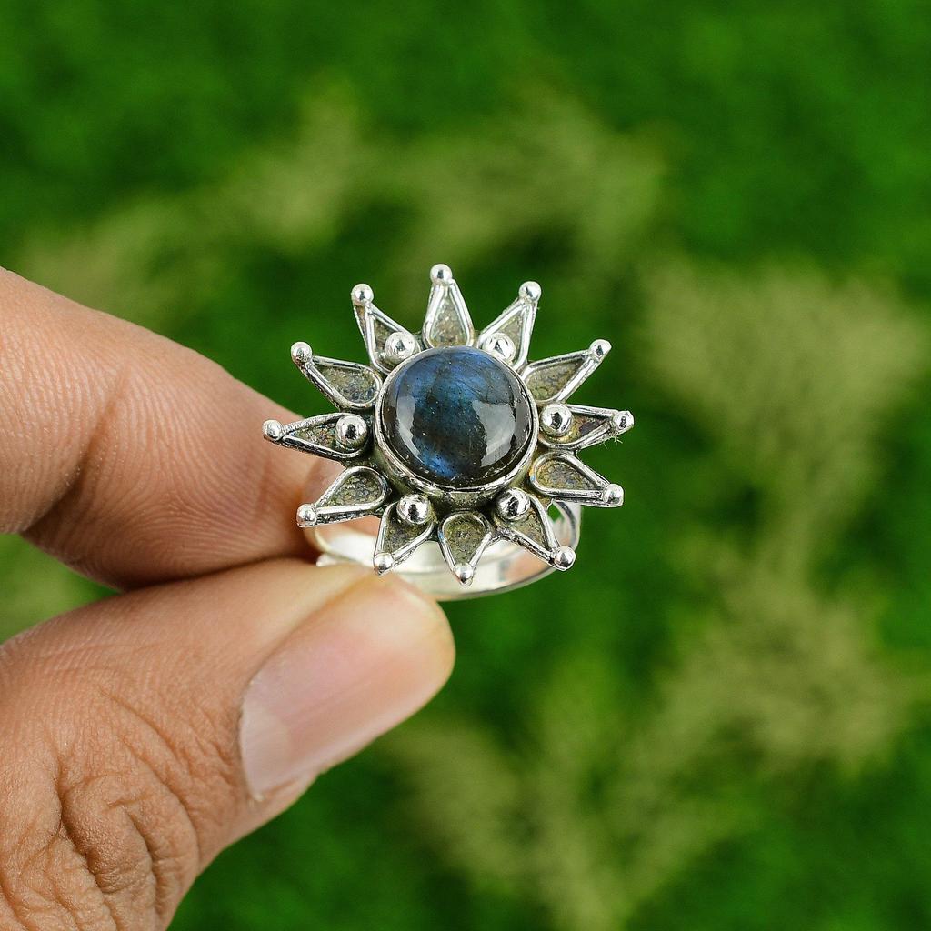 Gift For Her 925 Silver Natural Labradorite Promise Flower Adjustable Ring