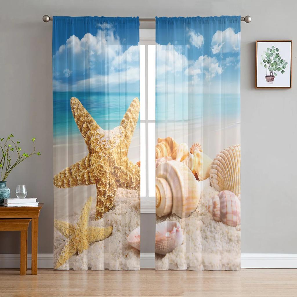 Sand Beach Waves Palm Trees Sheer Curtains for Living Room Decoration Tulle Voile Organza Window Curtains for Kitchen Bedroom