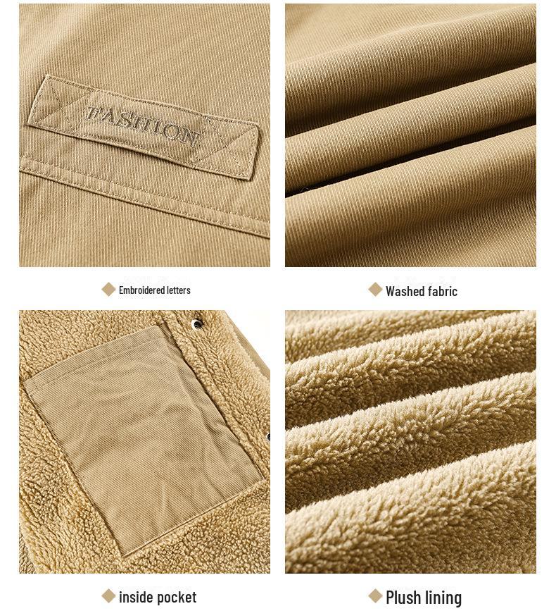 Men's Winter Lambskin Lapel Workwear Jacket - Plus Velvet, Large, Loose, Warm, Thickened Cotton Coat