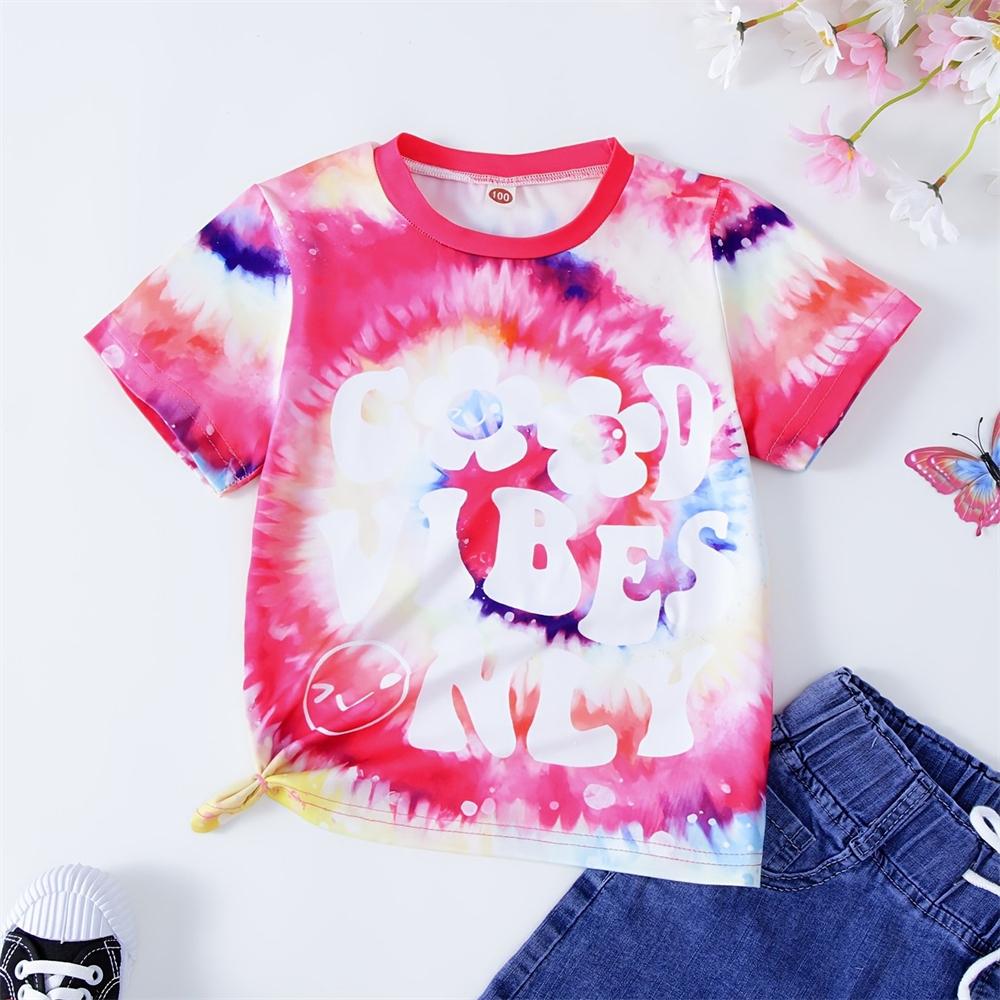Tie Dye Rainbow T Shirt Girl Short Sleeve Tshirt Summer Girls Outdoor Sports Tee Shirts 4-12y Kids O Neck Tops 2024 Baby Clothes