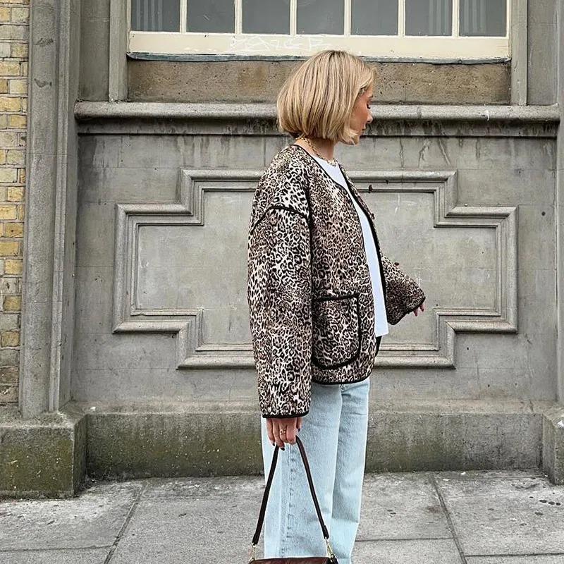 Fashion Leopard Printed Patchwork Coats for Women Casual Long Sleeve Loose Female Cotton Jacket 2024 Autumn Winter New Pocket Outerwear