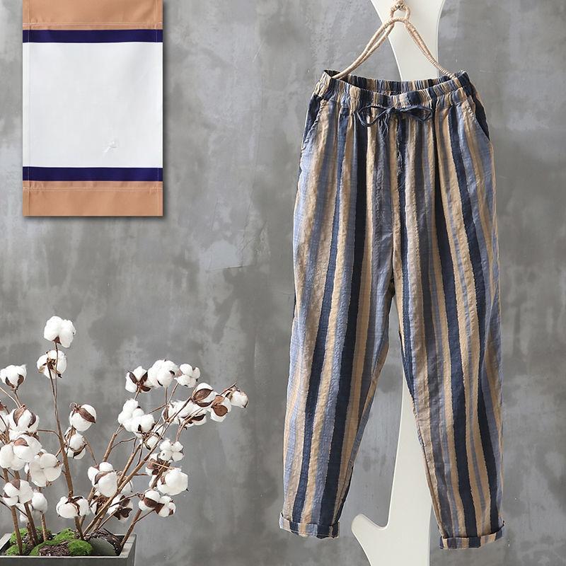 Новые летние брюки-шаровары Wiomen Vintage Striped Print из хлопка и льна длиной до щиколотки, женские повседневные свободные брюки с эластичной резинкой на талии и карманами