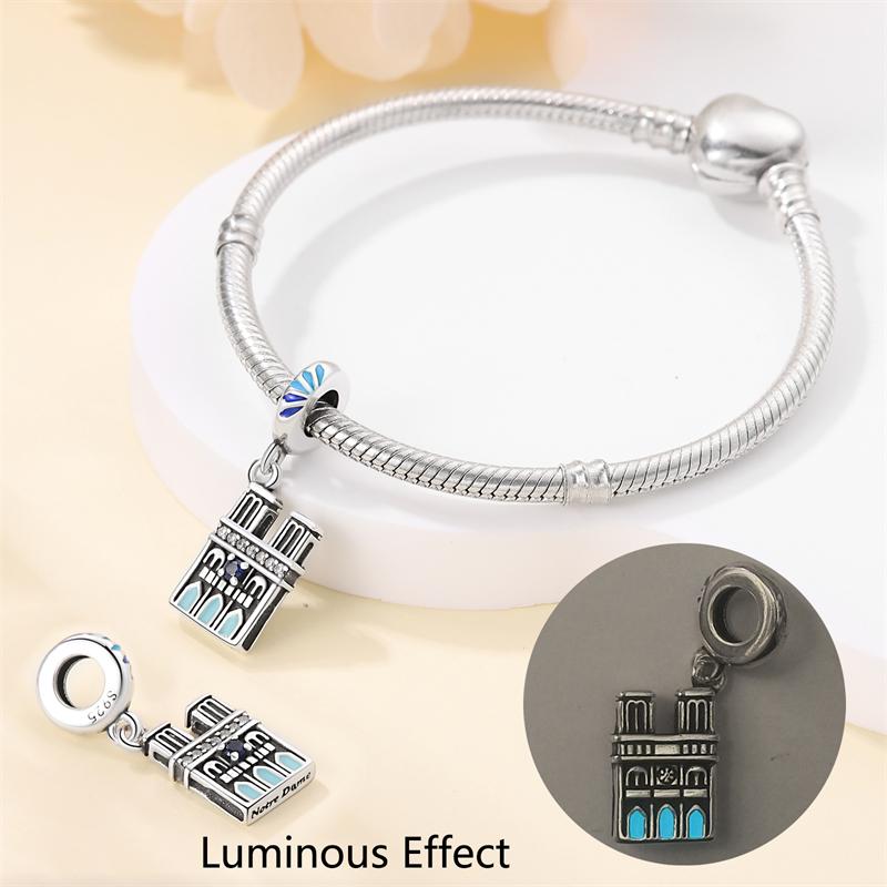925 Silver Famous Attractions Eiffel Tower Church Luminous Charms Pendants Fit Qikaola Original Bracelets DIY Jewelry
