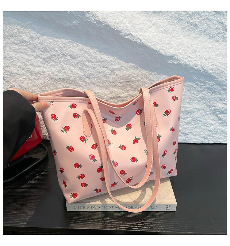 Sweet Cherry Printed Tote Bag For Women Large Capacity Street Style Pu Handbag