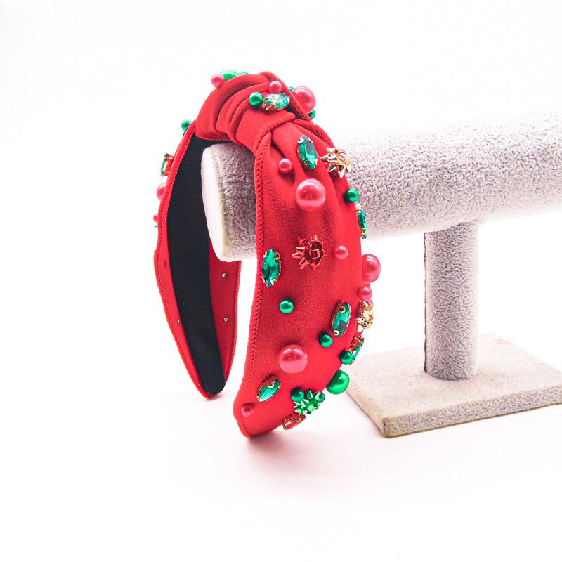 Рождественская повязка на голову с цветными инкрустированными бриллиантами и тканевым узлом по центру