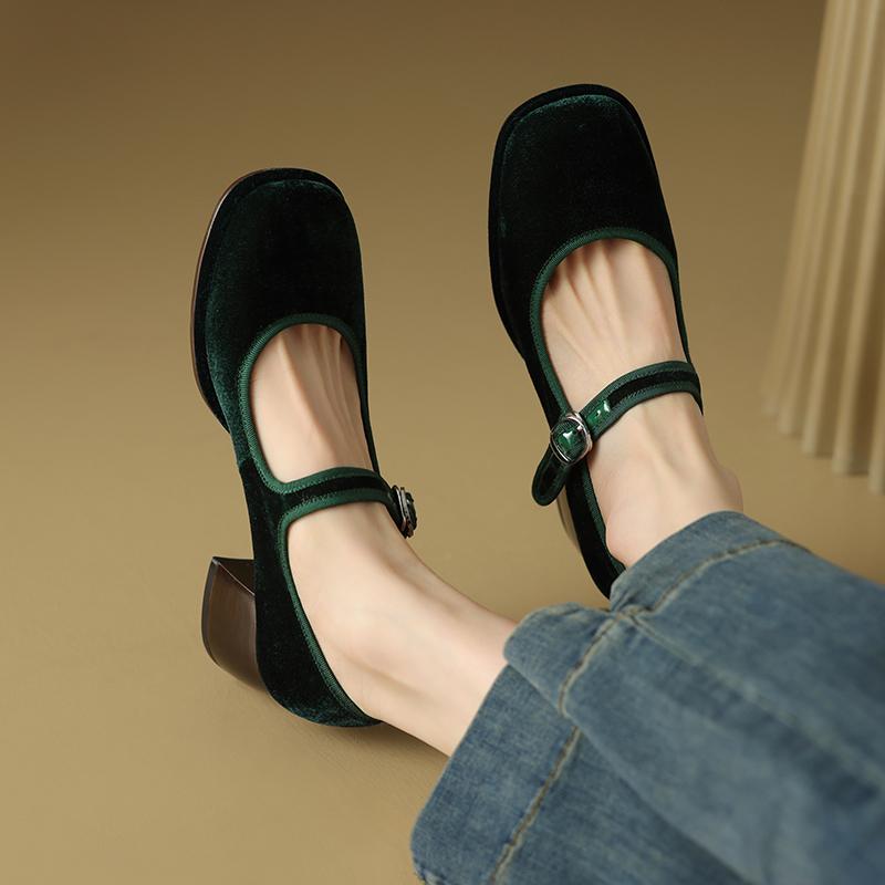 2024 Spring Fashion Single Shoes Women's New Elegant Black Sheep Velvet Mid-high Heels Ladies All-Match Buckle Mary Jane Shoes