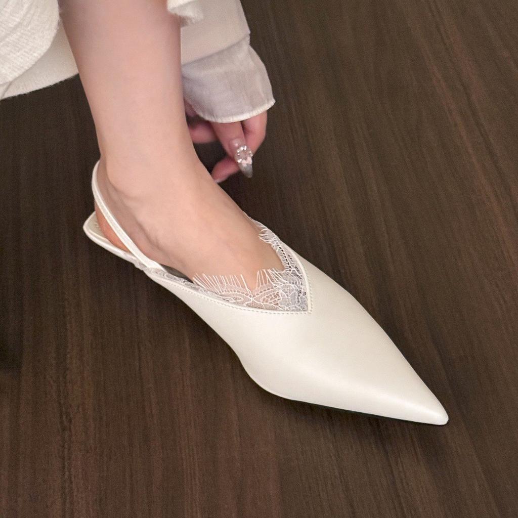 White Fantasy • Lace Light Mouth Single Shoes Women's 2025 Spring Pointed Back Low Heel Sandals