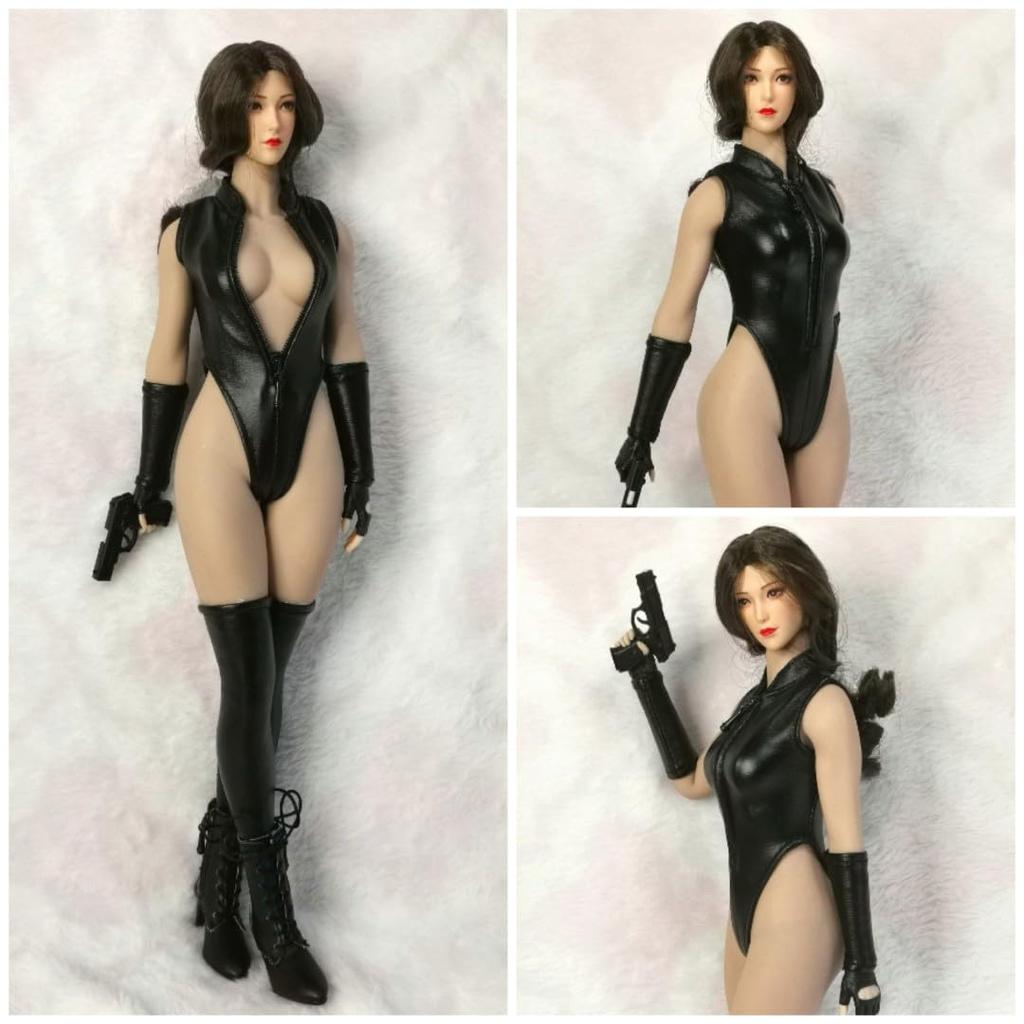 Compatible with TBLeague Body for Scale Action Figure DMTOYS Beautiful Woman Fashion Sexy Black Black Leather High Leg Jumpsuit and Arm and Leg Cover