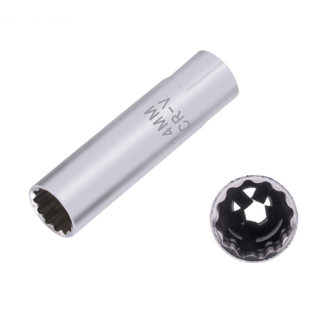 Эффективный автомобильный торцевой ключ для свечей зажигания 14 мм, конфигурация с 12 гранями, обеспечивает максимальный захват и крутящий момент для ограниченных пространств
