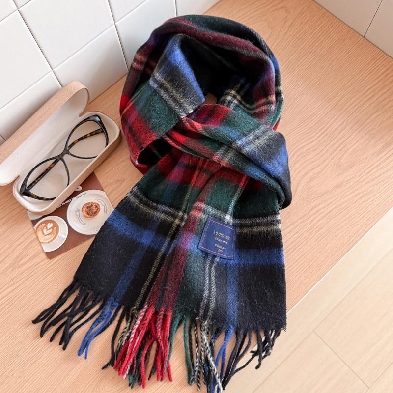 Wool scarf men's and women's winter blue plaid cashmere scarf high-end navy blue British style thickened new model