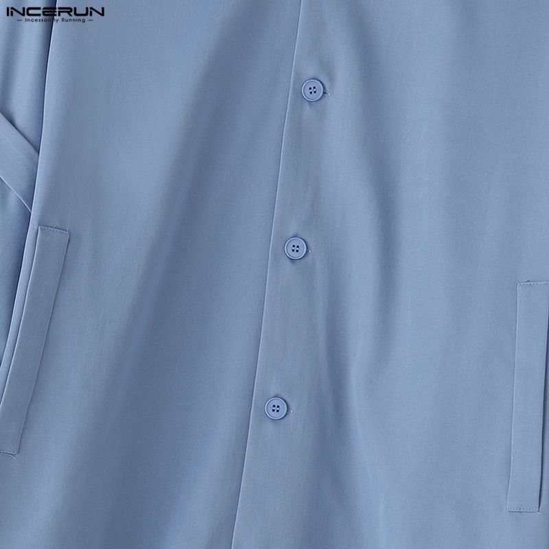 INCERUN Мужские рубашки оверсайз с воротником-стойкой, бантом, длинным рукавом, повседневные, свободные, топы