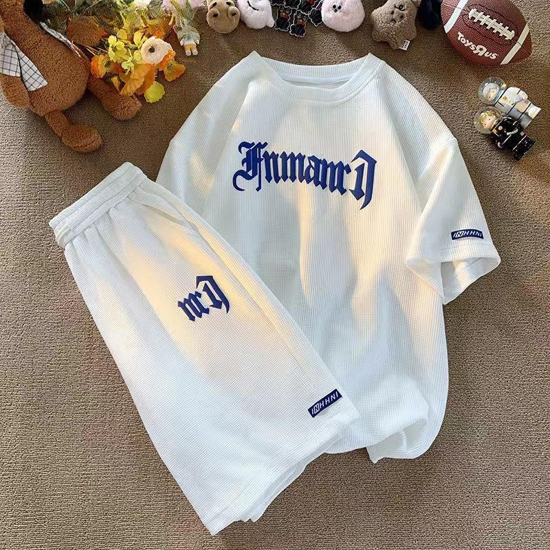 Летняя мужская футболка с коротким рукавом, дышащая вафельная футболка с коротким рукавом, молодежная футболка, нижняя часть рубашки, шорты, костюм