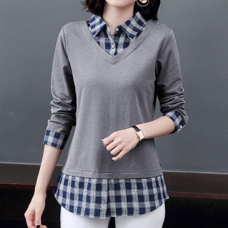 Cotton Shirt Women's Fall and Winter Plaid Fake Two-piece Comfortable Pullover Tops Big Yards Bottoming Shirt Casual Pullover Tops