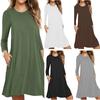 Women Plus Size Long Sleeve Loose Dress Solid Color Casual Pleated Swing Round Neck Pullover