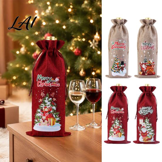 Imitation Linen Wine Pouches Christmas Bottle Bag Vintage Drawstring Sleeve Reusable Faux Holiday Party Packaging Cover Clothes for New Year Wedding