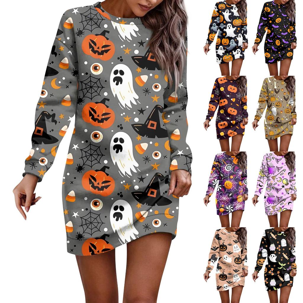 Women's Round Neck Halloween Printed Long Sleeve Hip Dress Sweatshirt Dresses