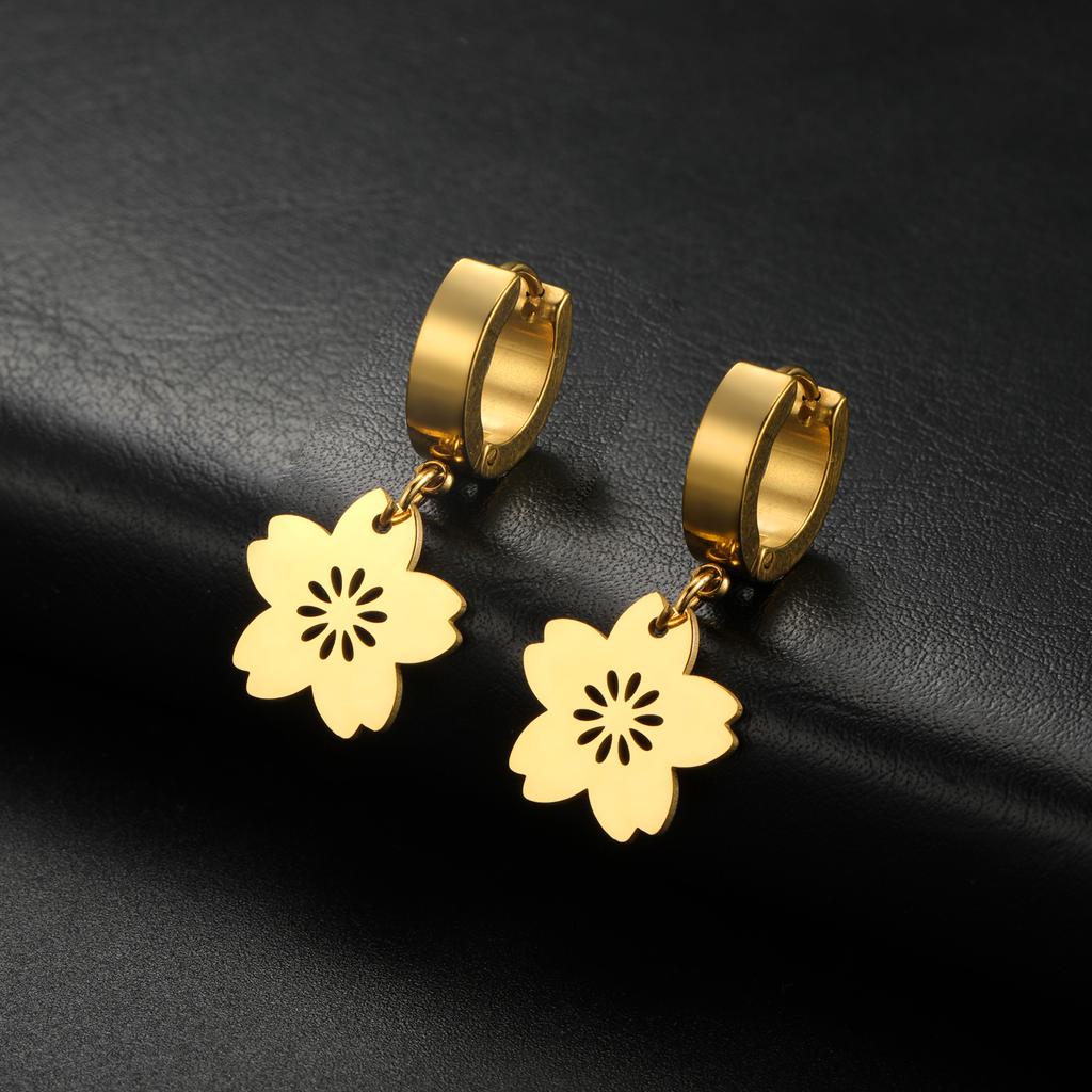 Cazador Gold Color Sakura Flower Pendant Earrings for Women Stainless Steel Jewelry Drop Earrings Mother's Day Gift