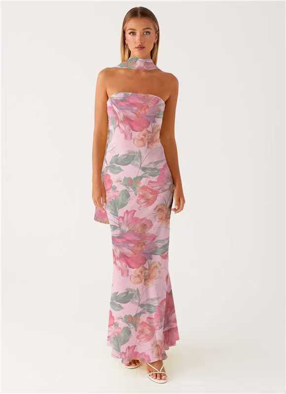 French Floral Chiffon Maxi Dress With Zipper For Summer Beach Vacation