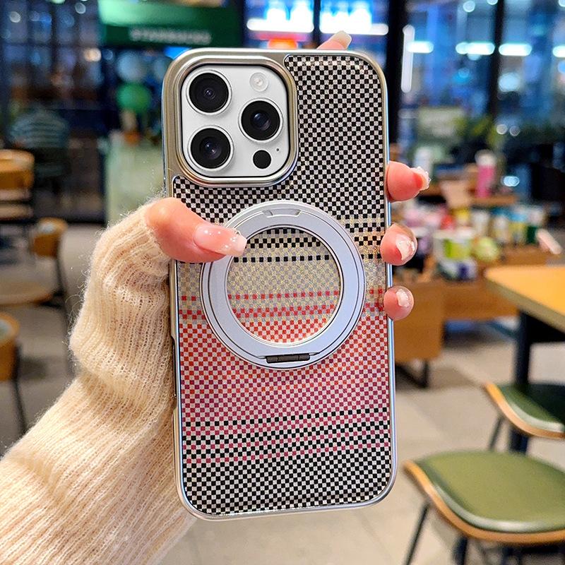 For iPhone 16 Pro Magnetic Case Kickstand Electroplated PC + PU Leather Phone Back Cover