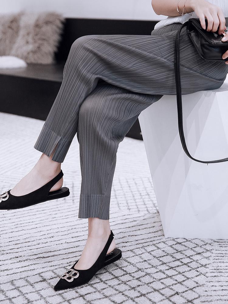 Женские летние укороченные плиссированные брюки Miyake: Модный свободный прямой стиль