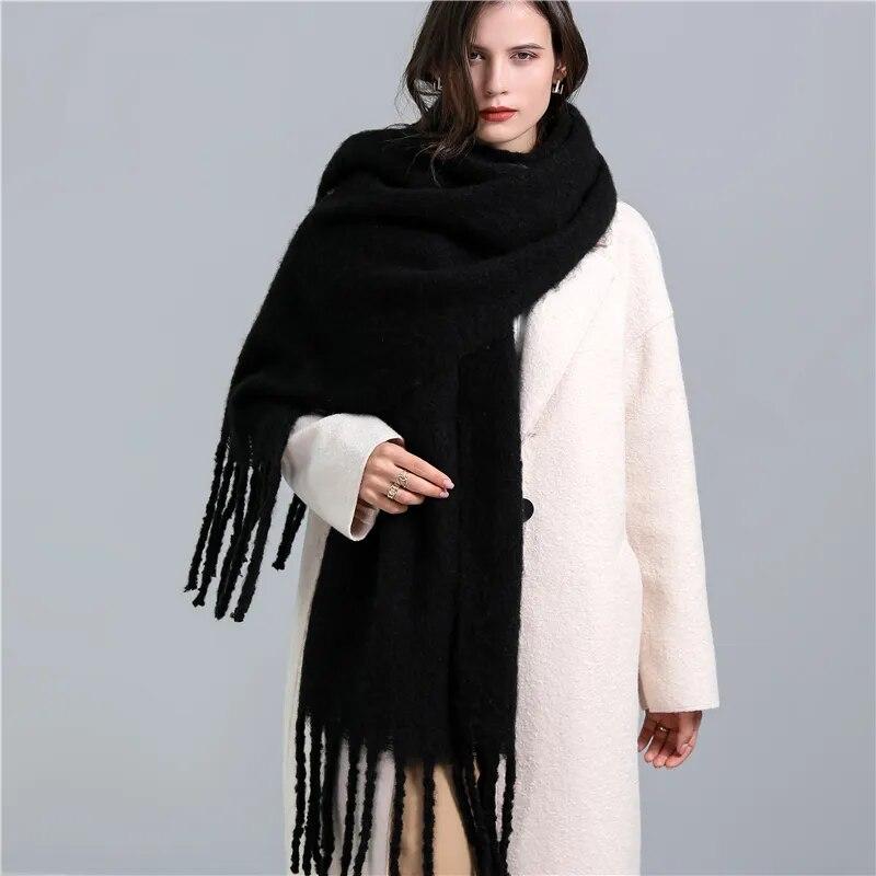 Winter Scarf Women Luxury Mohair Scarf Cashmere Warm Pashmina Solid Female Scarves Wraps Thick Soft Bufanda Big Tassels Shawl Long Stole Scarf