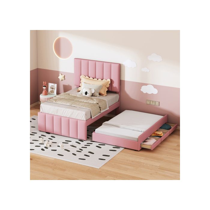 Lit rembourré - MUVOE - 90 x 200 cm - Rose - Avec tiroirs - Design classique et élégant