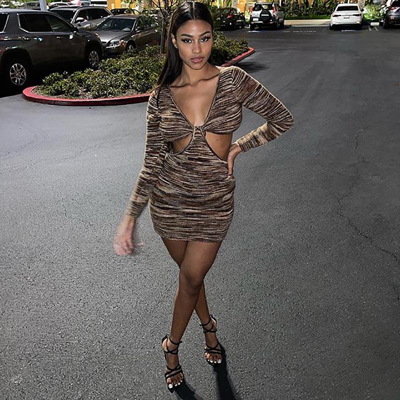 JH5906 Женское сексуальное платье в европейском и американском стиле с V-образным вырезом и длинными рукавами в рубчик