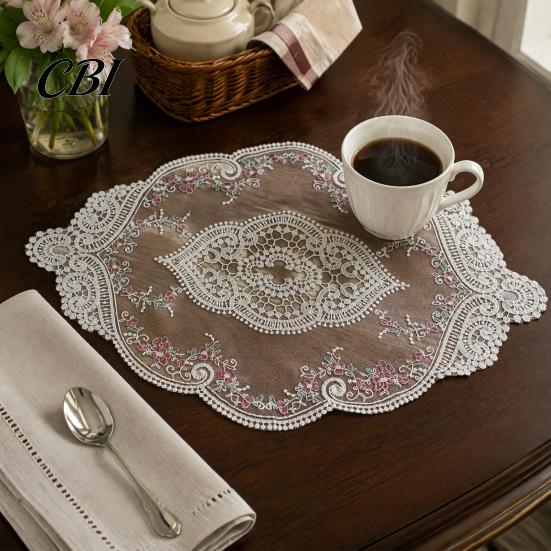 Anti Scalding Table Mats Floral Embroidered Lace Doily, Vintage Style Sheer Placemat, Mat Decorative Fabric for Restaurants Elegant Doilies Tea Party,